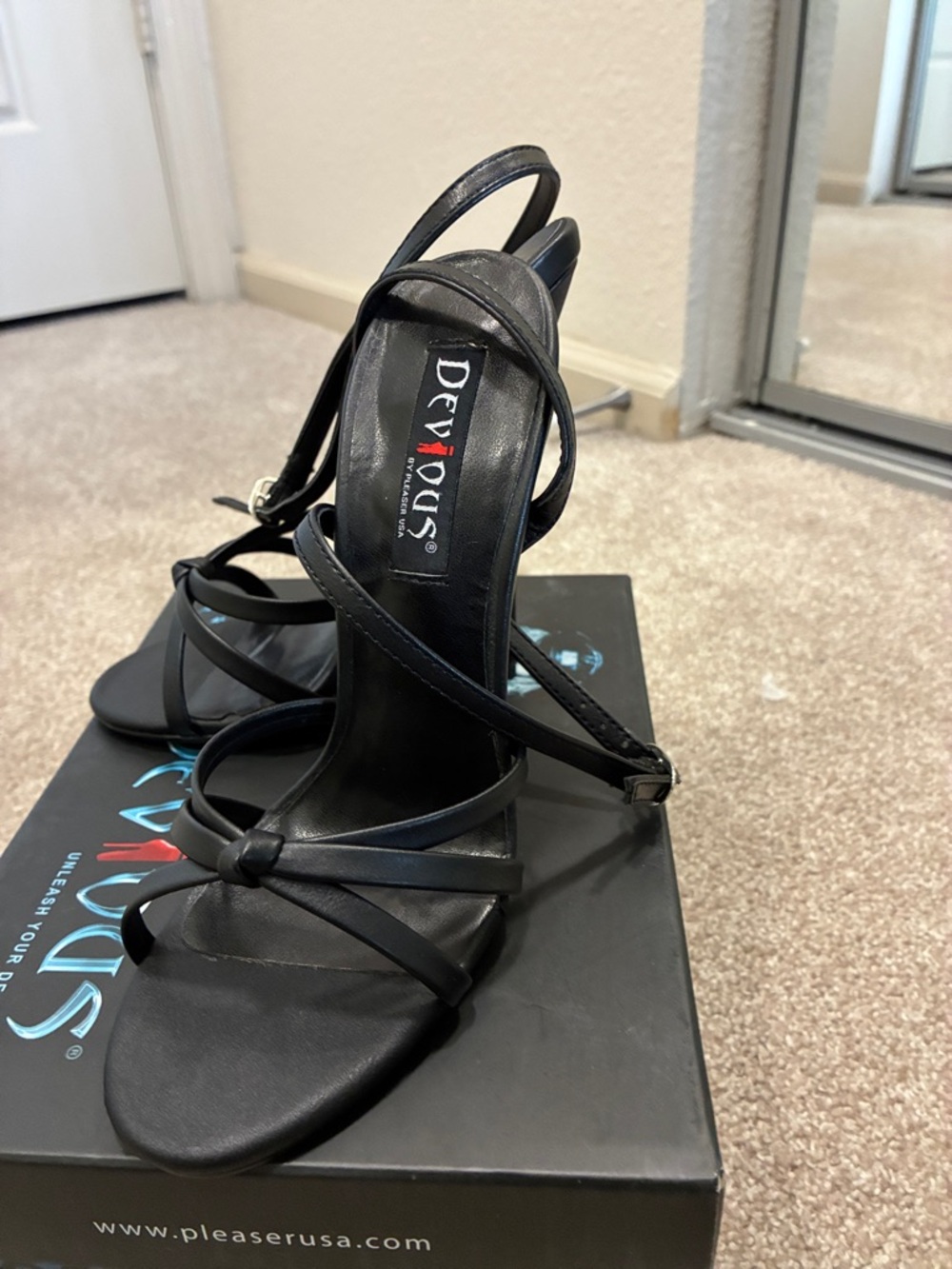 Never Worn Devious Black Strappy Stiletto Heels with Ankle Wrap - Picture 2 of 4